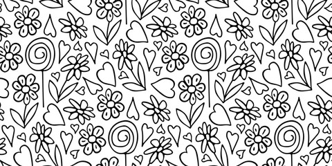 Love seamless pattern. Flower, heart, lollipop. Hand-drawn sketch vector black linear illustration on white background for wallpaper, textile, packaging paper, printing for Valentine's Day, wedding.