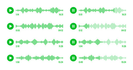 Voice message, social media chat conversation. Messaging app, music player, audio or video editor interface element. Voice assistant, recorder. Sound wave pattern. Vector illustration