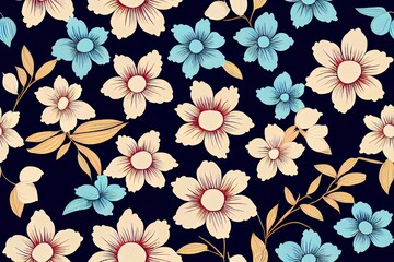 Adorable flowery seamless pattern in several colors, set on a blue backdrop. Generative AI