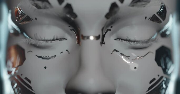Artificial intelligence technology, robot girl awakening, cyberpunk concept on transparent background