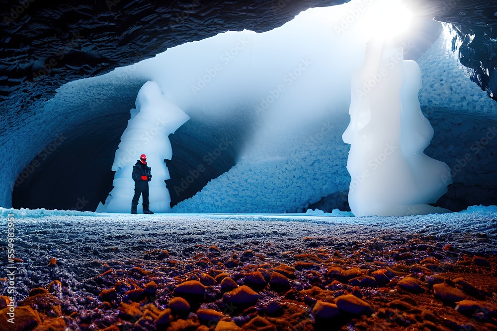 Poster Person is standing in beautiful ice cave. Generative ai.