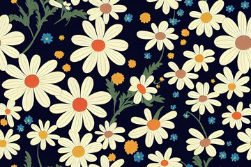 Floral seamless design from the 1970s, daisy or camomile. Generative AI