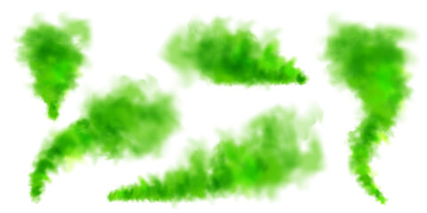Green colorful smoke clouds isolated on white background, realistic mist effect, fog. Vapor in the air, steam flow. Vector illustration