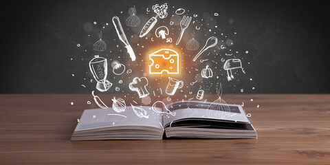 Open recipe book with food related icons above