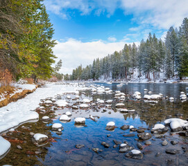 winter scene of pines reflecting in a river with snow
