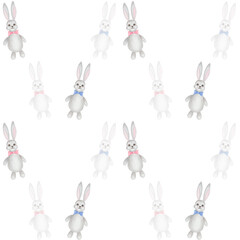 Watercolor seamless pattern. Hand painted illustration of grey bunny, hare with pink and blue bows. Cute cartoon rabbit toy. Print on white background for children fabric textile, wallpaper, packaging