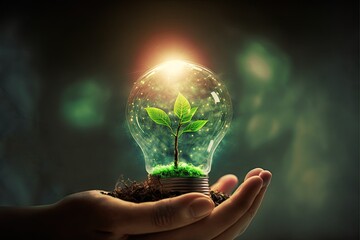 Fototapeta human hand holding a light bulb with a plant sprout inside. Concept of green energy saving, renewable and recycling. Ecology behavior for global warming. obraz