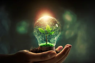 Foto op Canvas human hand holding a light bulb with a plant sprout inside. Concept of green energy saving, renewable and recycling. Ecology behavior for global warming. © bennymarty