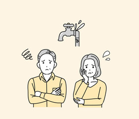 水道の水漏れに困る家庭、中年の夫婦のイラスト