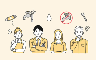 水漏れや断水などの水道関係のトラブルに困る人達のイラスト
