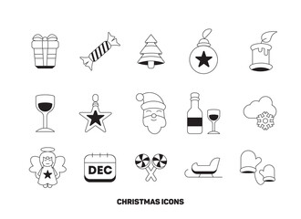 Set of 15 outlined icons and elements for Christmas and New Year celebration (Christmas tree, decorations, Santa, gifts, candy, champagne) Christmas themed isolated icons on a transparent background.