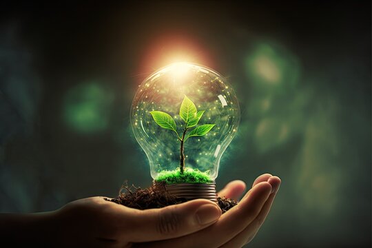human hand holding a light bulb with a plant sprout inside. Concept of green energy saving, renewable and recycling. Ecology behavior for global warming.