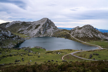Enol lake. One of the Lakes of Covadonga in Picos de Europa National Park. Asturias, Spain.