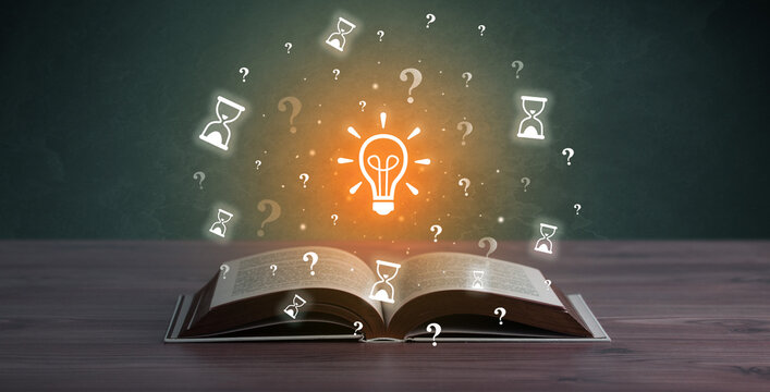 Open book with business icons above