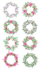Watercolor set of Christmas wreaths on a white background