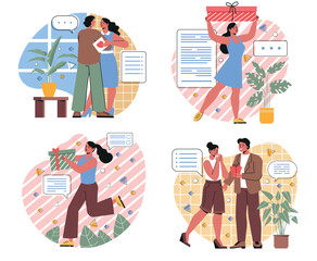 Set of people giving and receiving gifts