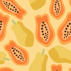 Seamless pattern with papaya fruits. Hand drawn vector illustration.