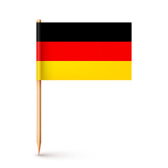 Realistic German toothpick flag. Souvenir from Germany. Wooden toothpick with paper flag. Location mark, map pointer. Blank mockup for advertising and promotions. Vector illustration