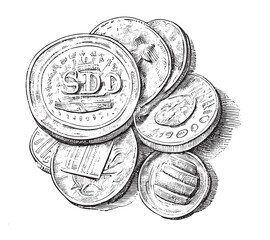 Coins dollars abstract sketch hand drawn in doodle style Vector illustration.