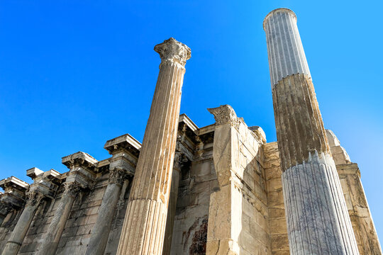 Detailed view of the architecture  of the west facade of the Library of Hadrian, Athens