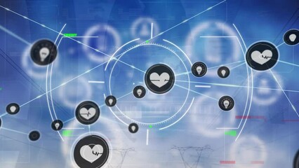 Animation of glitch effect and scope scanning over network of digital icons against blue background - Powered by Adobe