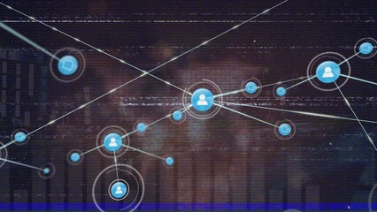 Animation of tv static effect over network of profile icons against statistical data processing - Powered by Adobe
