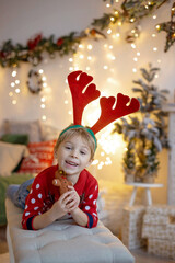 Cute preschool child, blond boy with pet dog, playing in decorated Christmas room