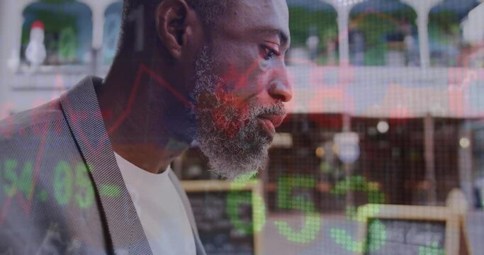 Animation of stock market data processing over african american businessman having a snack outdoors