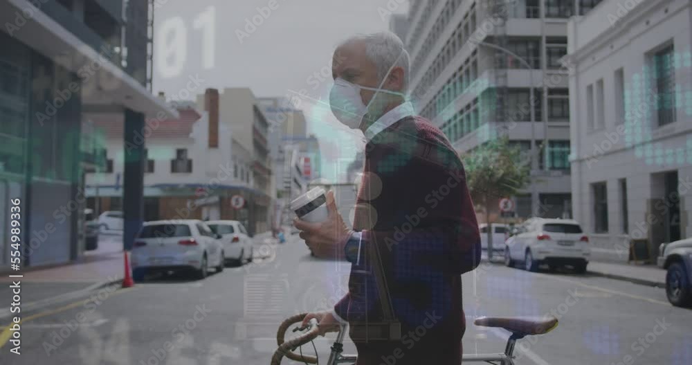 Poster Animation of financial data processing over businessman in face mask with bike in city