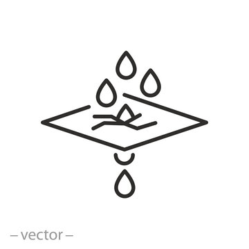 water leak icon, crack in coating, roof damage result, thin line symbol on white background - editable stroke vector illustration