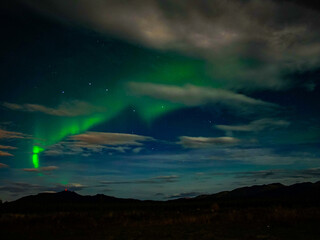 Green Northern Lights, Blue Sky, Mountain Shadow and Moonlights