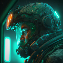 A Scientist in full protective suit and gas mask with dramatic green lighting as background in scientist lab, A woman wearing a radiation mask in a green light, AI generated art