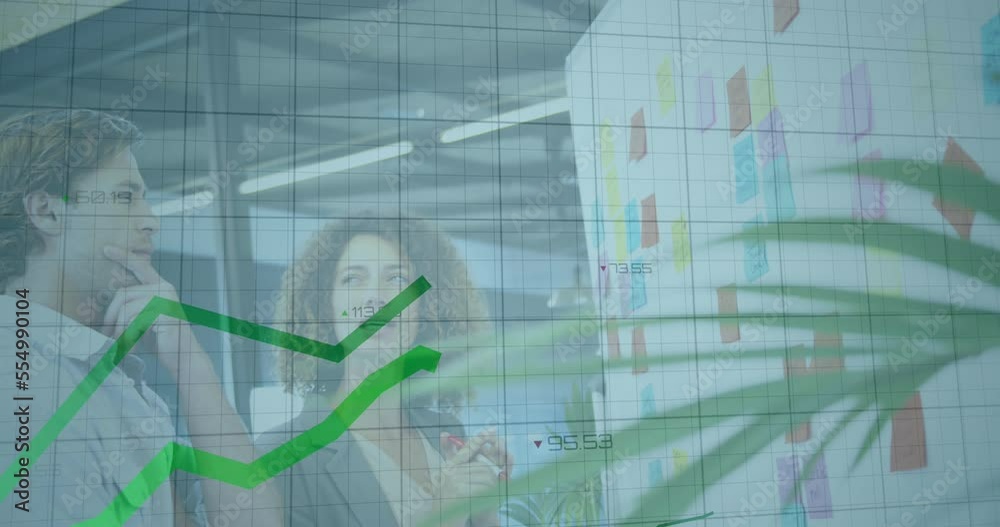 Poster Animation of financial data processing with green lines over business people working in office