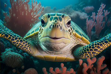 Naklejka na ściany i meble green happy smiling sea turtle swimming underwater, Portrait, illustration ai digital art style