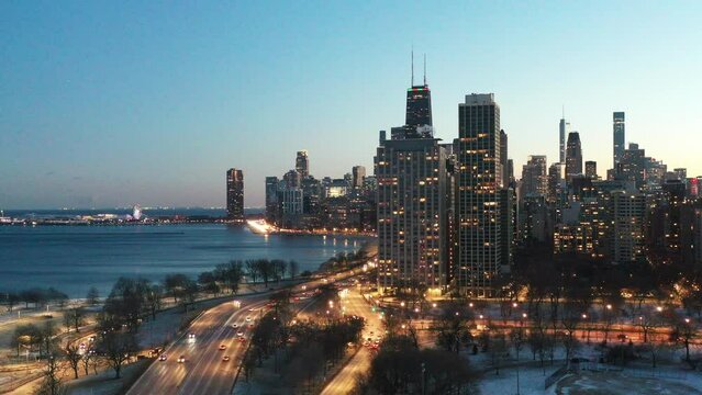 Chicago, Illinois, USA. downtown city skyline as the sun is setting