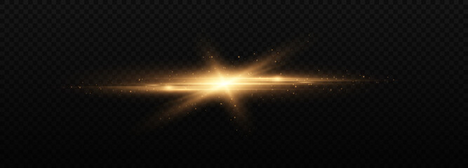 Golden horizontal lens flares, laser beams, light flare. Luminous abstract sparkling lines.