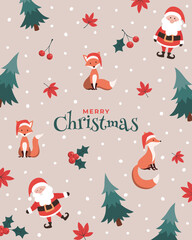 Merry Christmas greetings, cute fox and Santa background