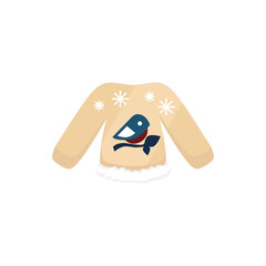 Warm sweater with bird on white background