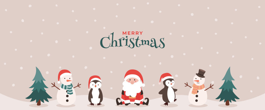 Merry Christmas penguins and Santa Claus background