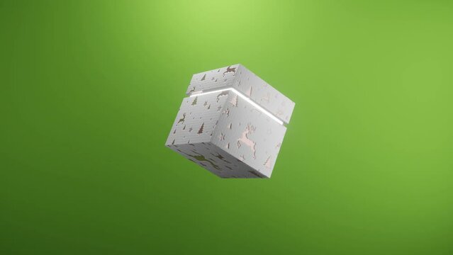3D Generated Christmas Ident featuring an xmas box which open mid air to reveal a bright light and features christmas motifs - reindeer, tree and stars against a green background
