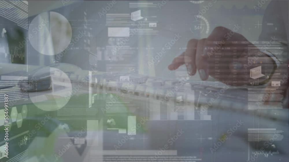 Poster animation of financial data processing over businessman using computer