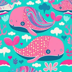 Foto auf Alu-Dibond Whale, Animal pattern pastel colors illustration made with Generative AI © Santasombra