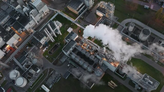 Industrial video, aerial view of a large oil refinery, processing of liquid fuel, naphtha, gasoline