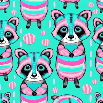 Raccoon, Animal pattern pastel colors illustration made with Generative AI