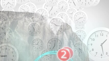 Animation of multiple clocks moving over rock on white background