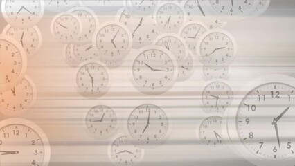 Animation of multiple clocks moving over stripes on white background