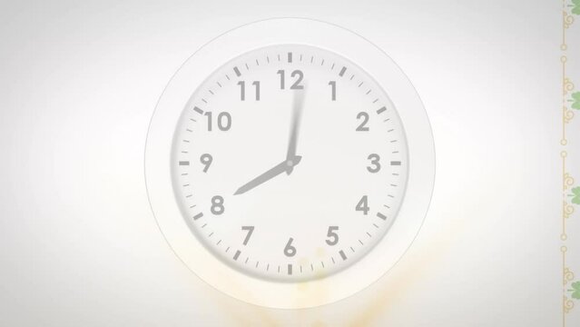 Animation of clock moving over shapes on white background