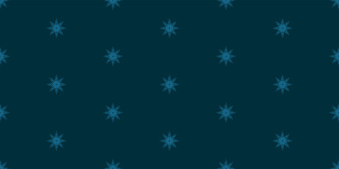 Minimalistic seamless pattern with blue snowflakes (stars) on a dark blue background. New year greeting card. Holiday banner. Design mockup. Christmas texture. Festive concept. Paper template.
