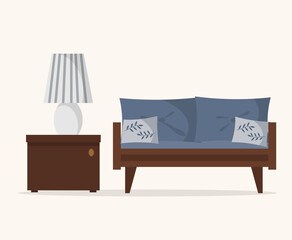 Interior illustration - sofa, bedside table and table lamp. Vector. Furniture items for the home. For decor, design, advertising brochures, brochures and books.