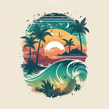 Tropical beach, t-shirt vector style illustration made with Generative AI